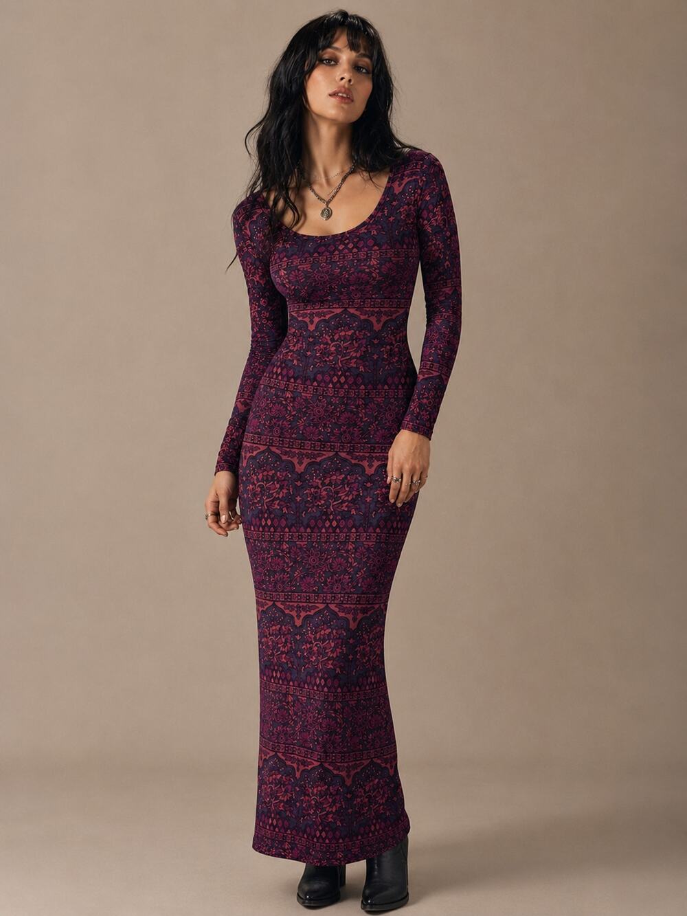 Whimisgoth Maroon Floral Romantic Bodycon Midi Maxi Dress Long Sleeve S
